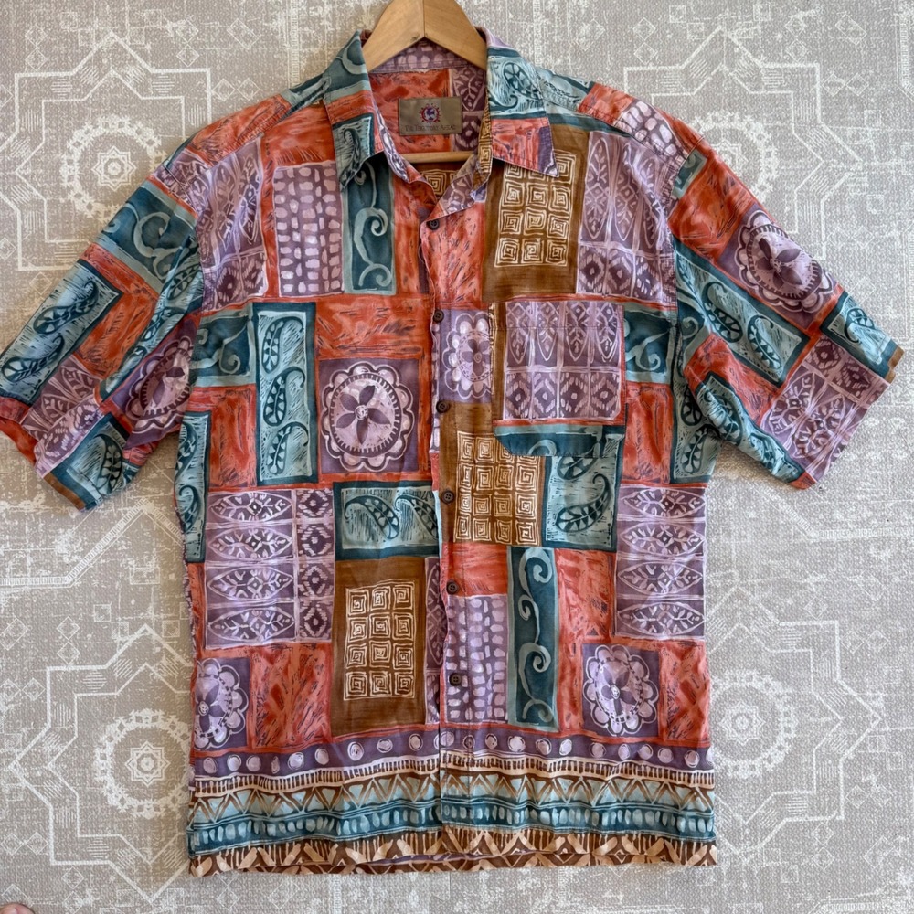 90s Territory Ahead Mens Short Sleeve Hawaiian Aztec Print Button Down Shirt L
